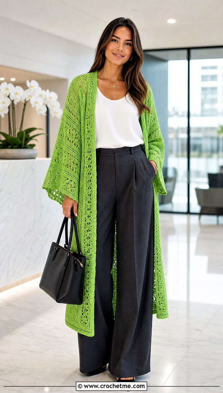Bell Sleeve Crochet Kimono With Tailored Trousers - 15 crochet kimono cover up outfit ideas