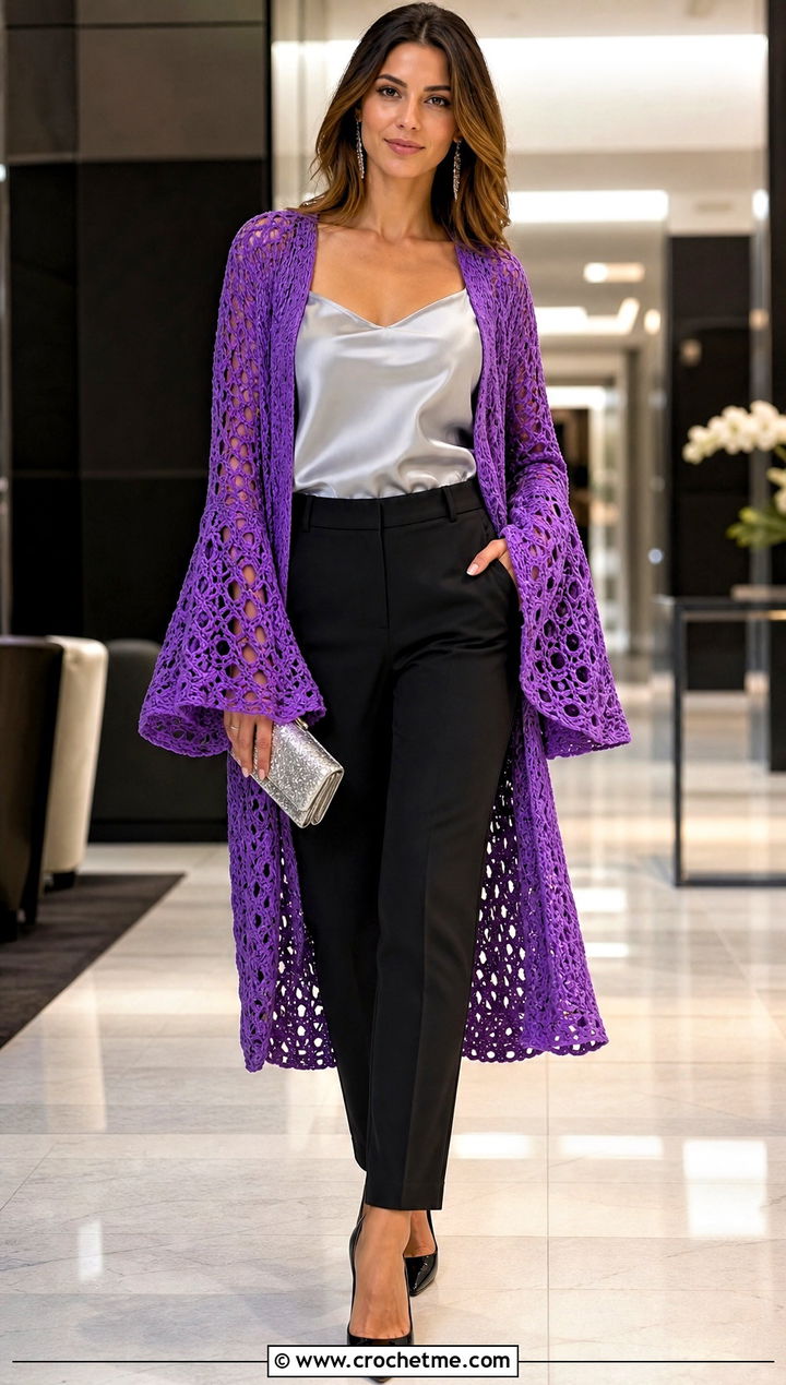 Bell Sleeve Crochet Kimono With Tailored Trousers - 25 easy crochet kimono outfit ideas
