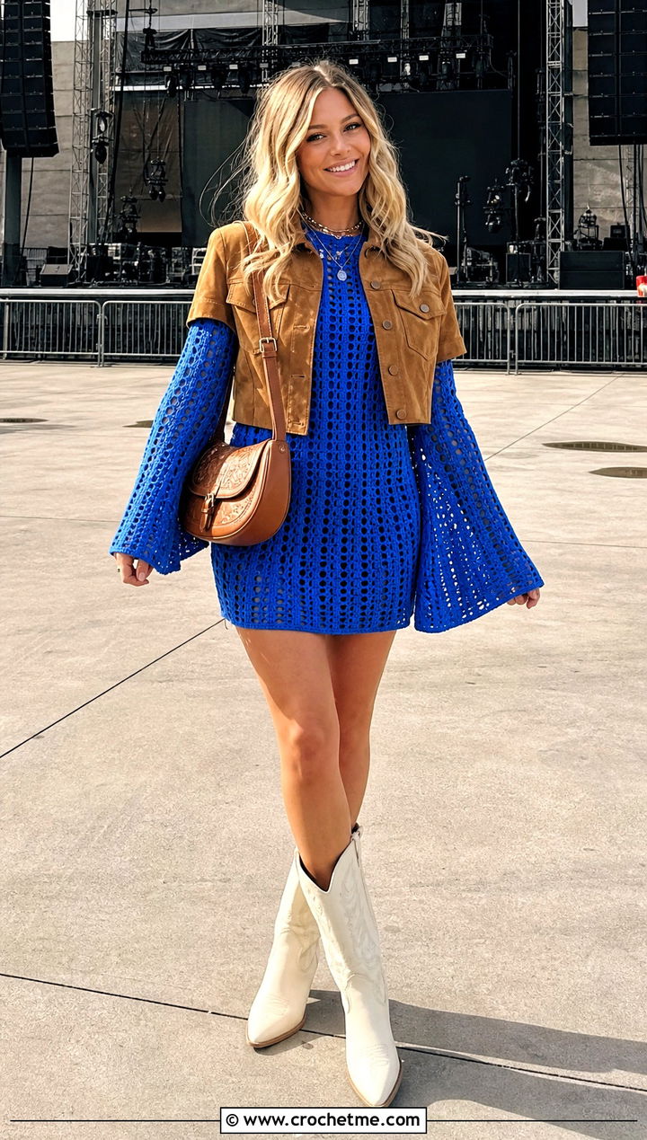 Bell Sleeve Crochet Knit Mini Dress With Western Boots - 35 Crochet Knit Dress outfit ideas