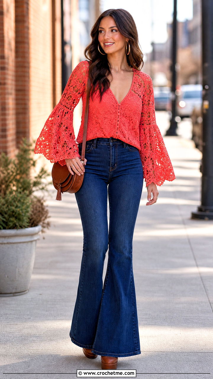 Bell Sleeve Crochet Lace Blouse With Flared Jeans - 35 crochet lace blouse outfit ideas