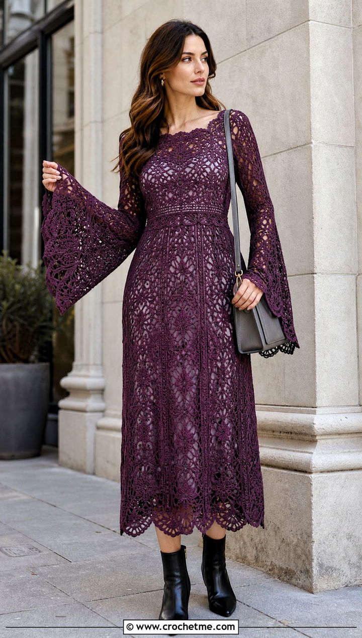Bell Sleeve Crochet Lace Dress With Ankle Boots - 25 crochet lace cover up outfit ideas