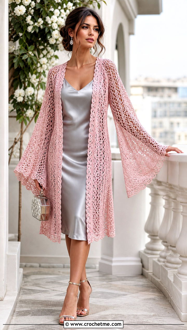 Bell Sleeve Crochet Lace Kimono With Slip Dress - 25 crochet lace kimono outfit ideas