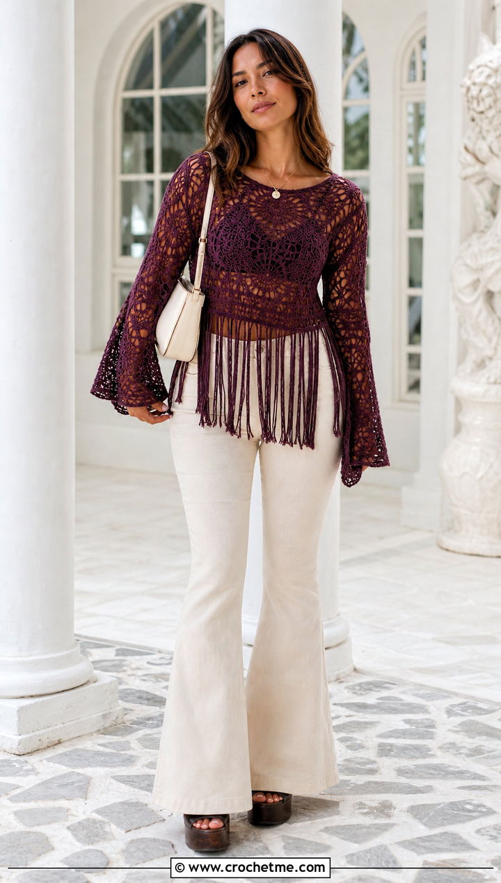Bell Sleeve Crochet Lace Top With Flared Pants - 15 Crochet Lace Top With Tassels outfit ideas
