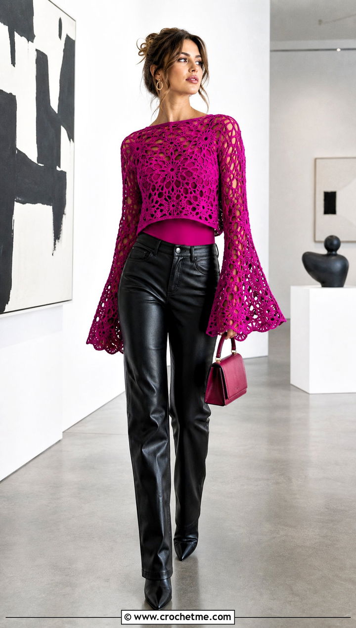 Bell Sleeve Crochet Lacy Sweater With Leather Pants - 25 crochet lacy sweater outfit ideas