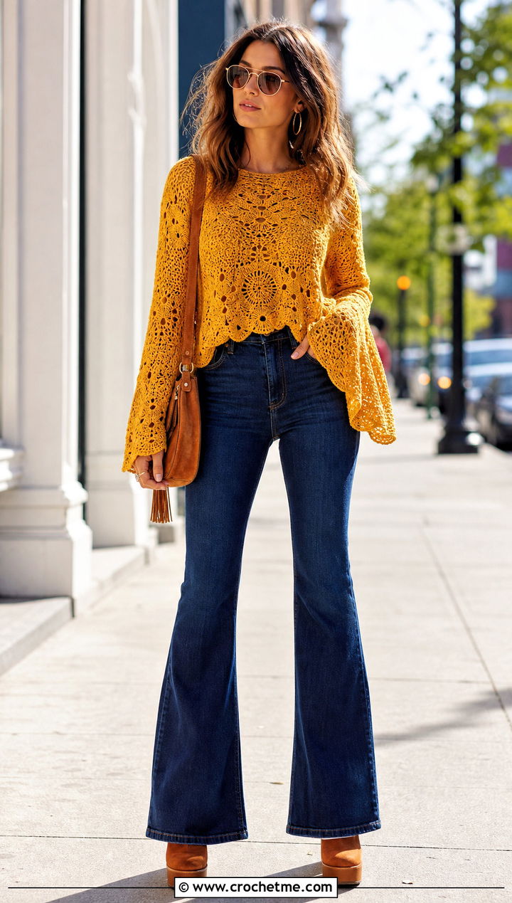 Bell Sleeve Crochet Lemon Sweater With Flared Jeans - 25 Crochet Lemon Sweater outfit ideas