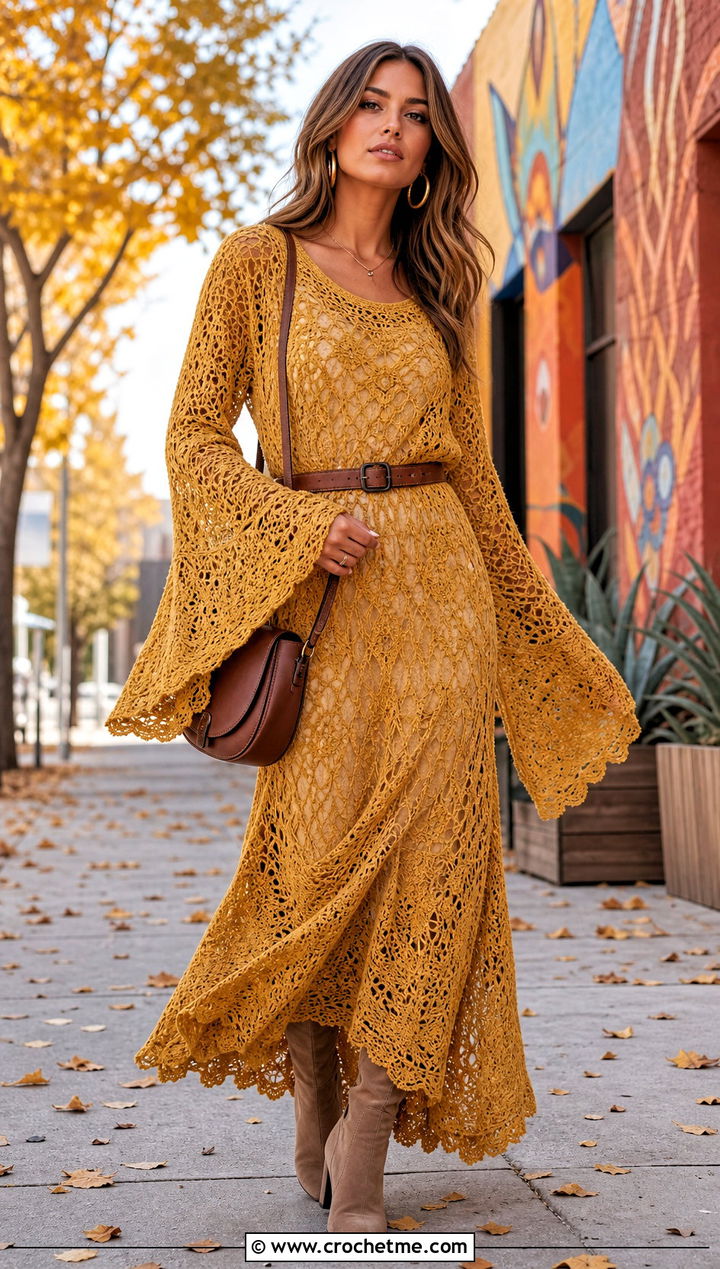 Bell Sleeve Crochet Long Dress With Suede Boots - 35 crochet long dress outfit ideas