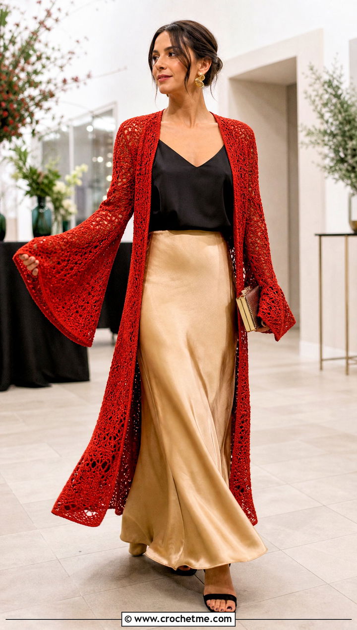 Bell Sleeve Crochet Long Lacy Cardigan With Satin Skirt - 20 Crochet Long Lacy Cardigan outfit ideas