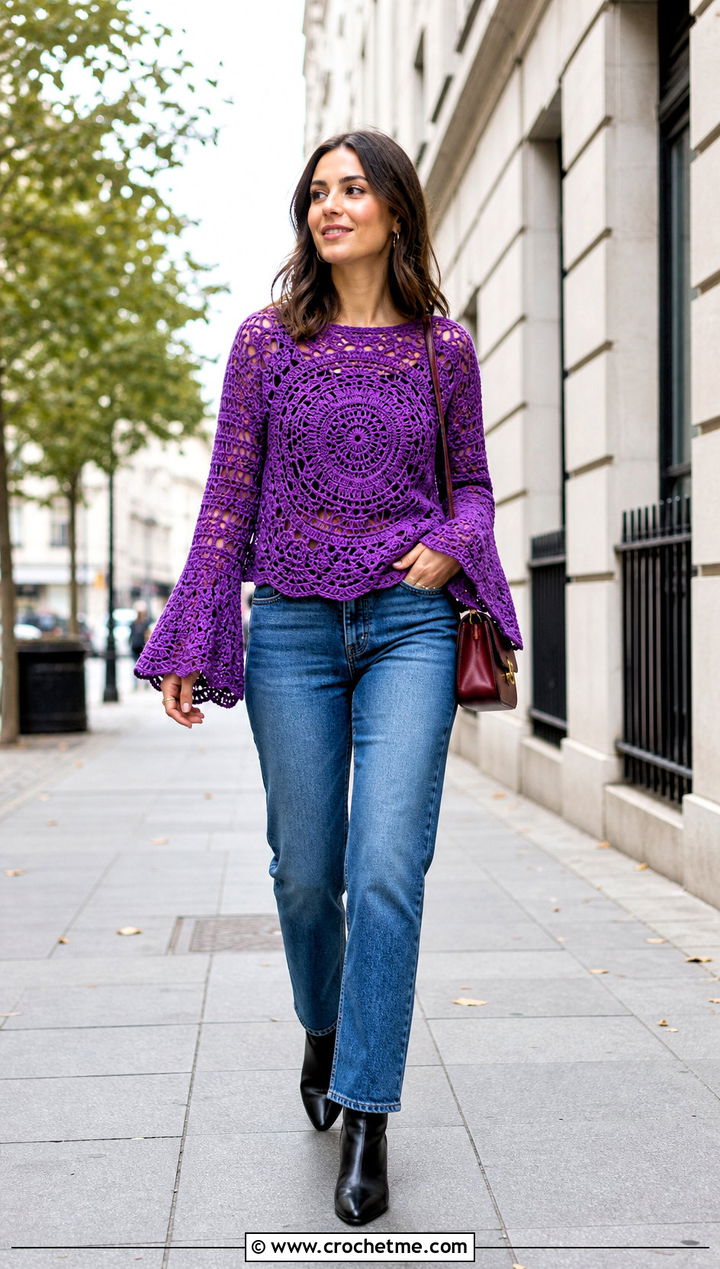 Bell Sleeve Crochet Mandala Top With Straight Leg Jeans - 35 crochet mandala top outfit ideas