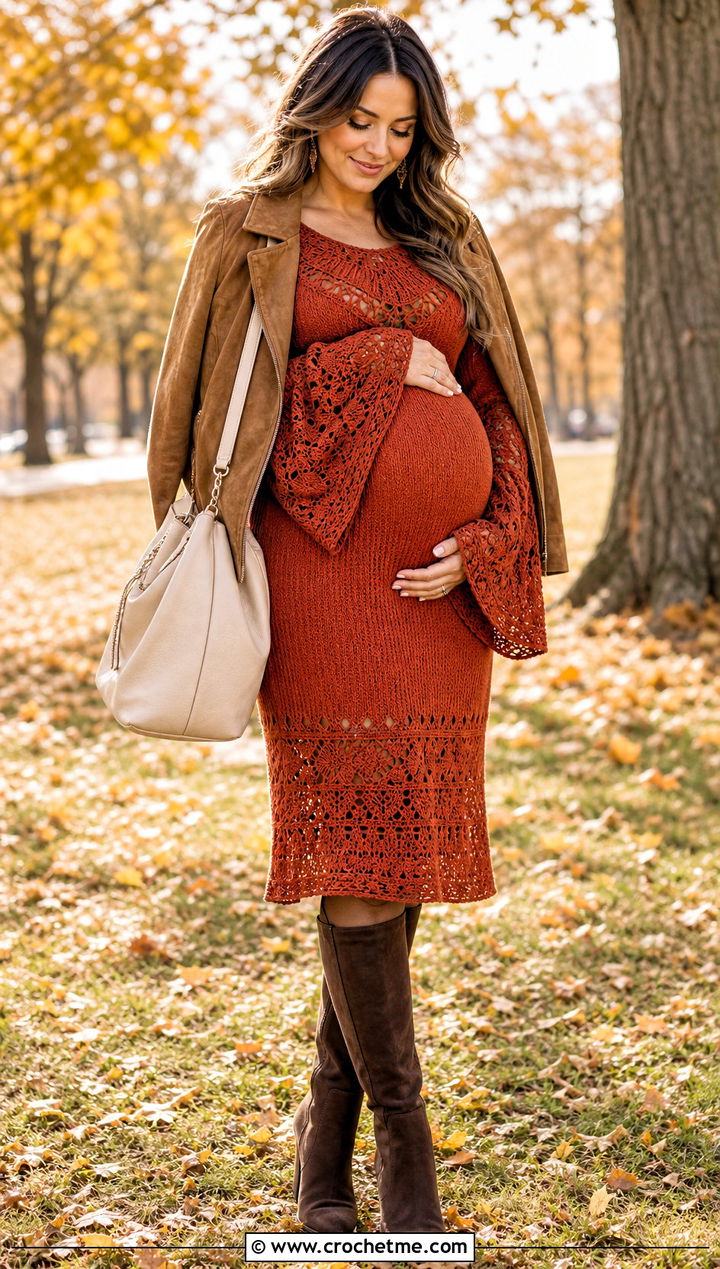 Bell Sleeve Crochet Maternity Midi Dress With Suede Jacket - 25 crochet maternity dress outfit ideas