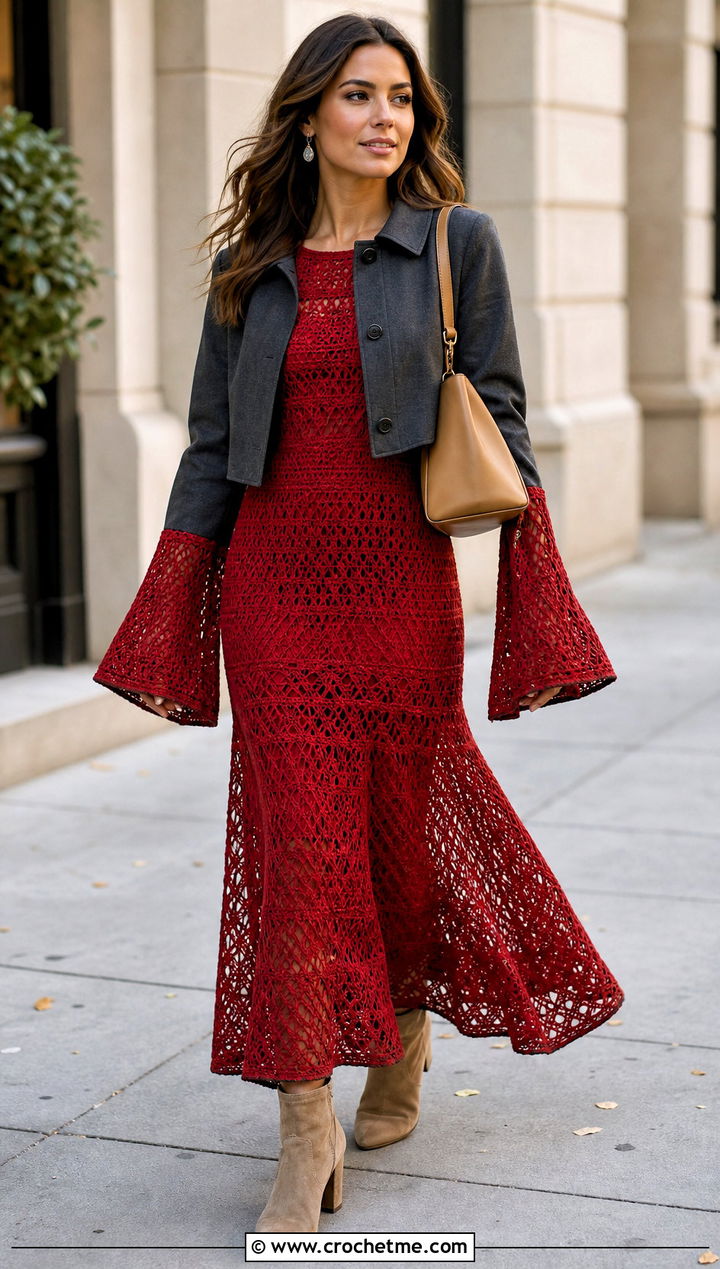 Bell Sleeve Crochet Maxi Dress With Suede Boots - 35 cute crochet dress ideas