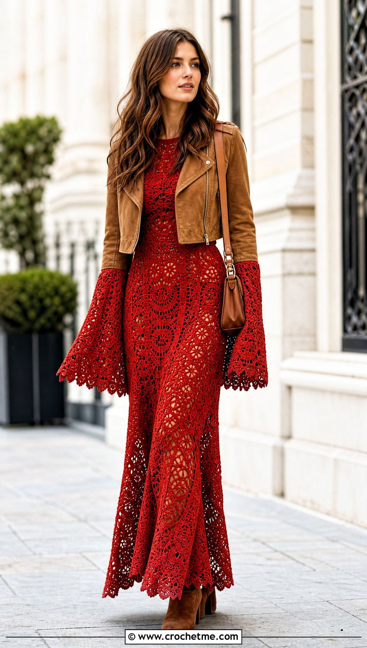Bell Sleeve Crochet Maxi Dress With Suede Jacket - 15 Etsy Crochet Dress outfit ideas