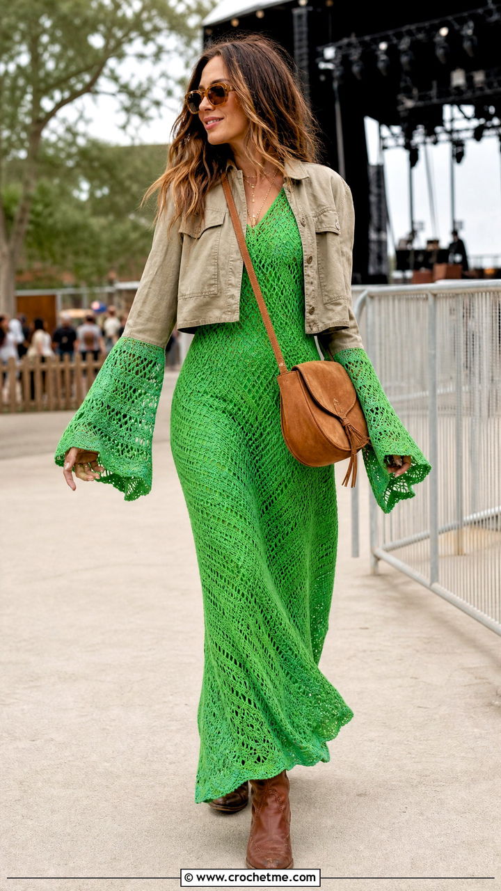 Bell Sleeve Crochet Maxi Dress With Western Boots - 35 Crochet Maxi Dress outfit ideas