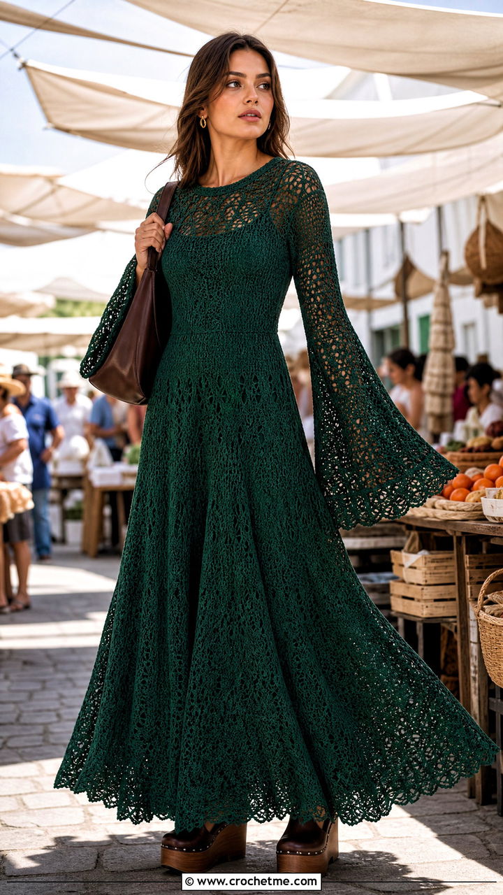 Bell Sleeve Crochet Maxi Frock With Platform Clogs - 35 Crochet Frocks For Women outfit ideas
