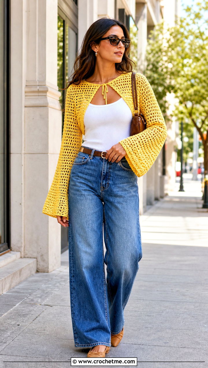 Bell Sleeve Crochet Mesh Bolero With Wide Leg Jeans - 25 Crochet Mesh Bolero outfit ideas