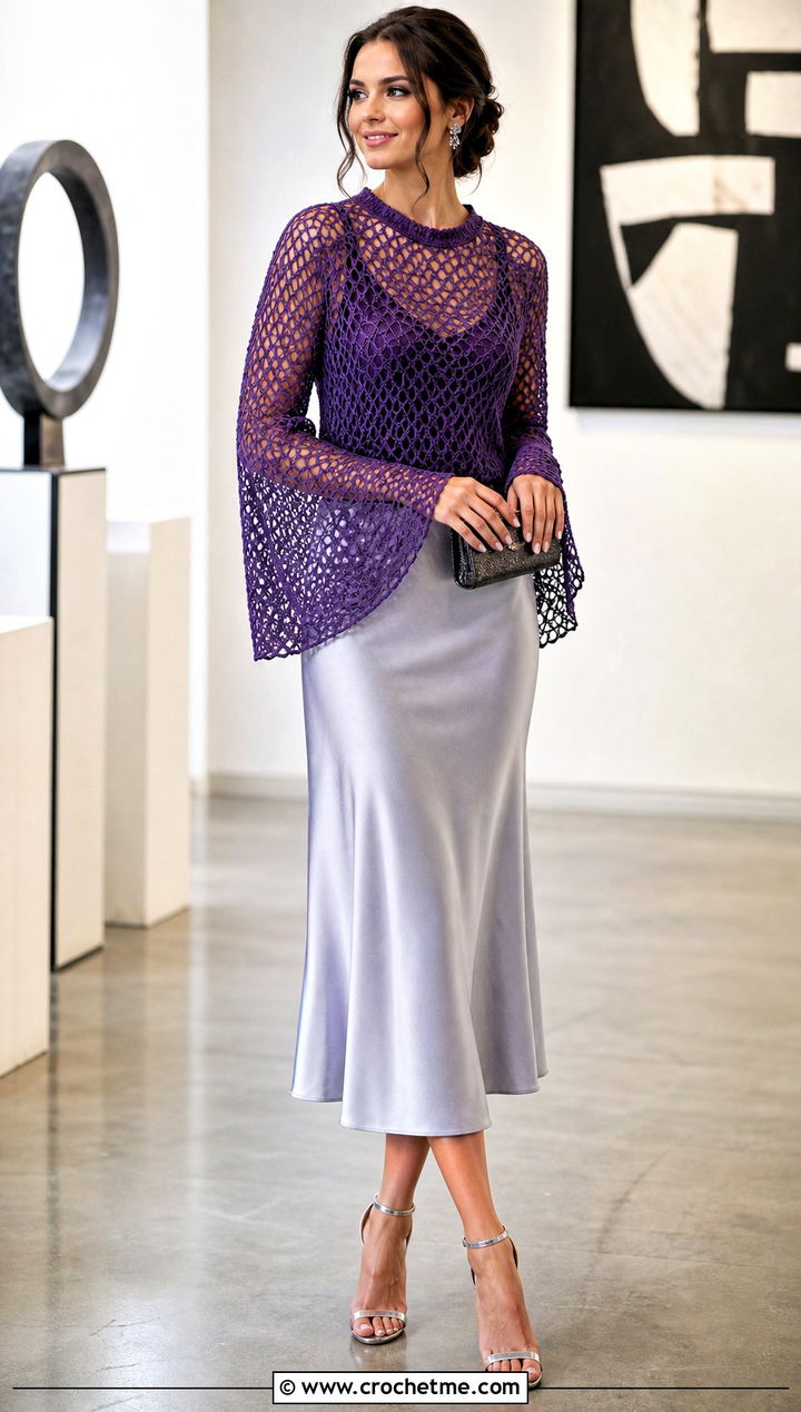 Bell Sleeve Crochet Mesh Top With Satin Midi Skirt - 25 crochet mesh sleeve top outfit ideas