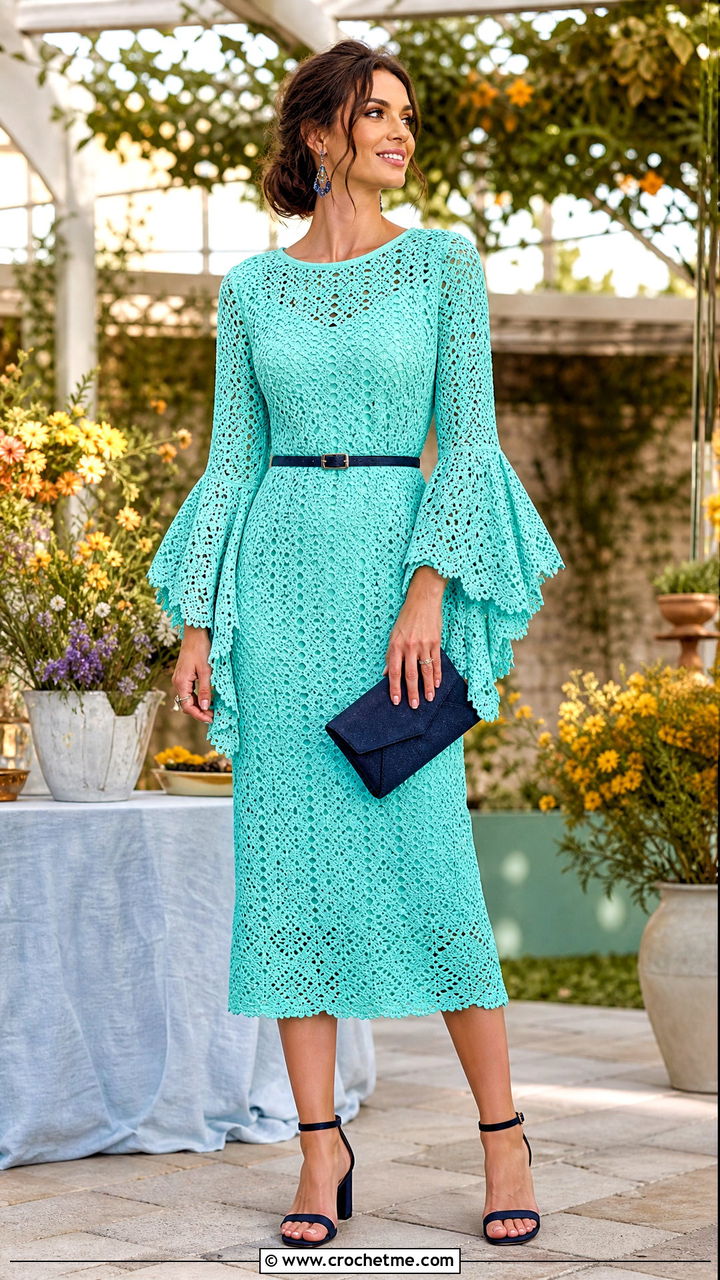 Bell Sleeve Crochet Midi Birthday Dress With Block Heels - 35 crochet birthday dress outfit ideas