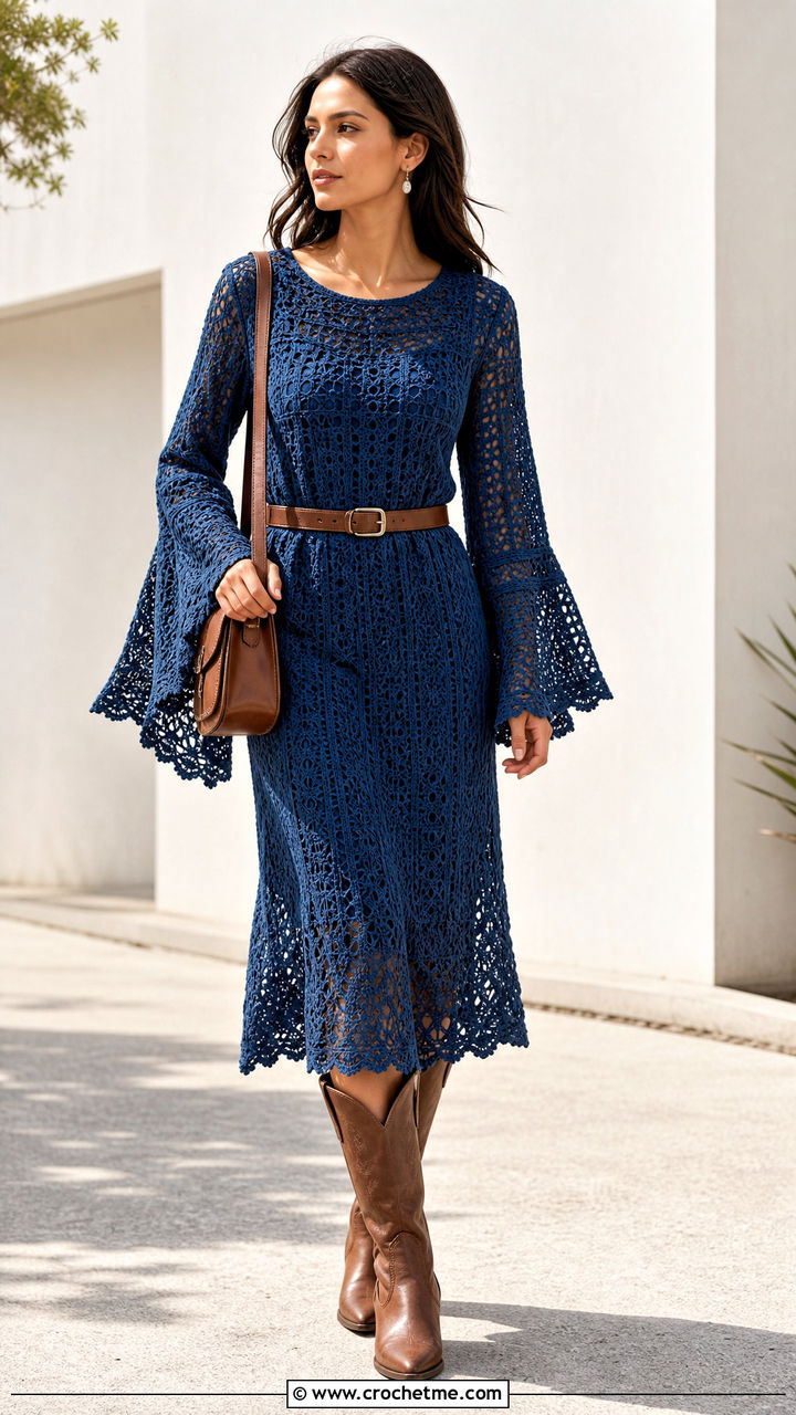 Bell Sleeve Crochet Midi Dress With Western Boots - 35 simple crochet dress women outfit ideas