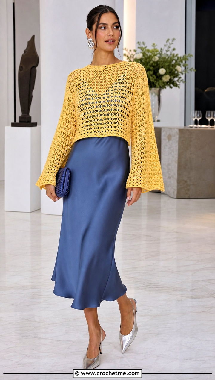Bell Sleeve Crochet Mini Sweater With Satin Dress - 25 Crochet Mini Sweater outfit ideas