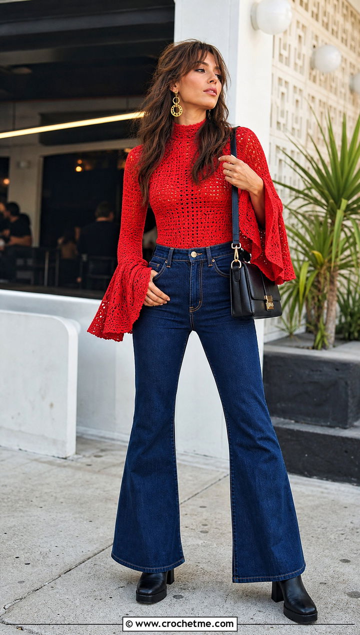 Bell Sleeve Crochet Mock Neck Top With Flare Jeans - 35 crochet mock neck top outfit ideas