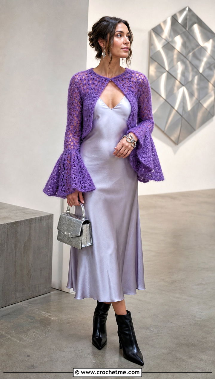Bell Sleeve Crochet Mohair Bolero With Satin Slip Dress - 30 crochet mohair bolero outfit ideas