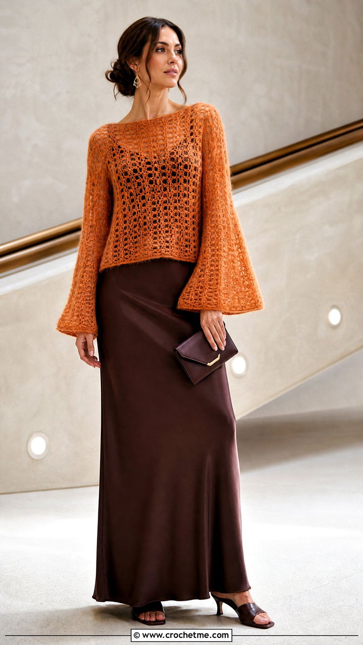 Bell Sleeve Crochet Mohair Top With Satin Slip Skirt - 35 crochet mohair top outfit ideas