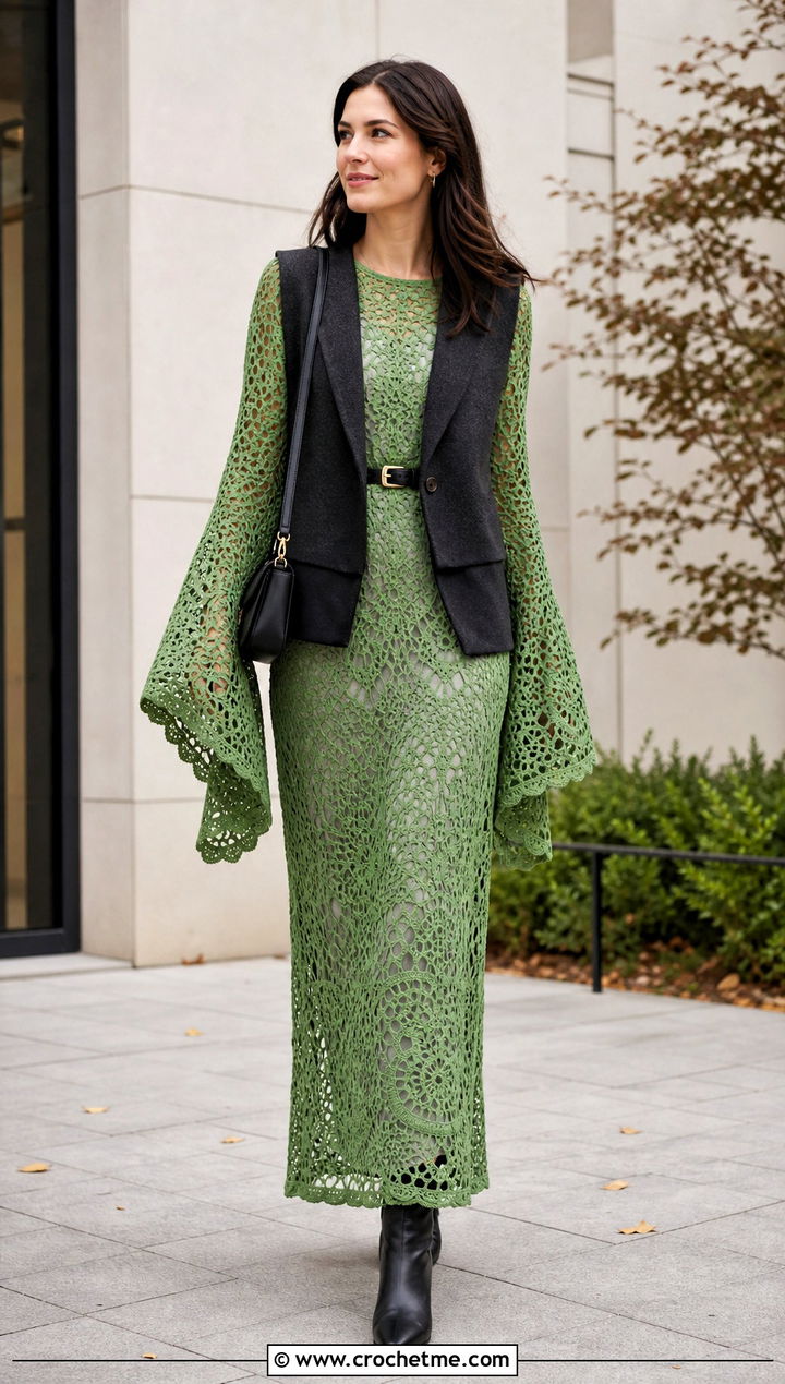 Bell Sleeve Crochet Nightgown With Ankle Boots - 35 crochet nightgown outfit ideas