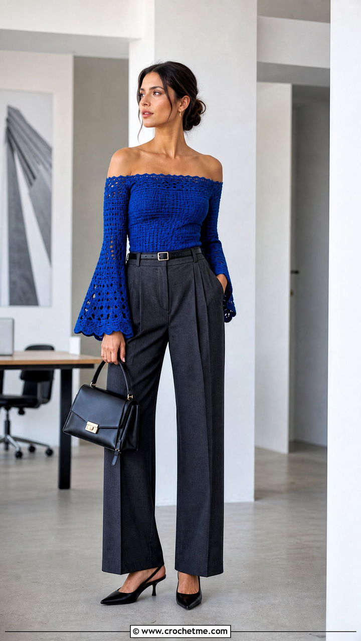 Bell Sleeve Crochet Off Shoulder Top With Tailored Trousers - 35 Crochet Off Shoulder Top outfit ideas
