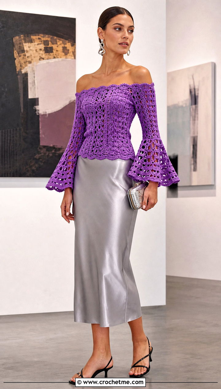 Bell Sleeve Crochet Off The Shoulder Top With Satin Midi Skirt - 35 Crochet Off The Shoulder Top outfit ideas