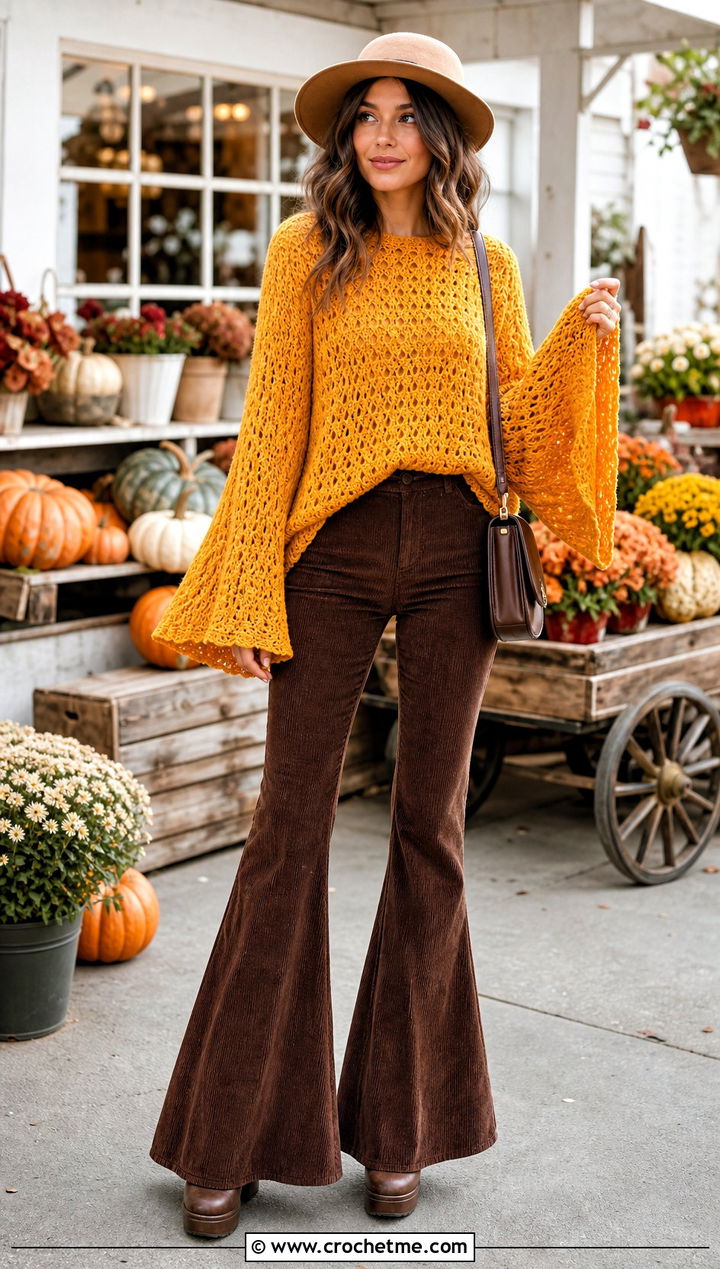 Bell Sleeve Crochet Oversize Sweater With Corduroy Flare Pants - 20 Crochet Oversize Sweater outfit ideas