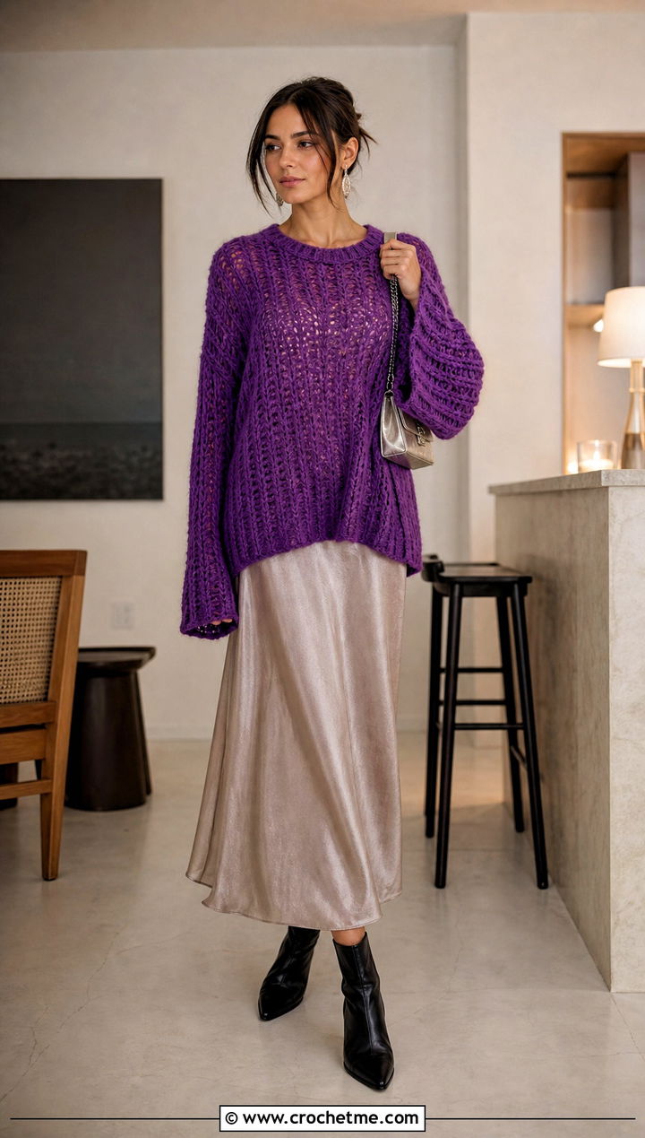 Bell Sleeve Crochet Oversized Sweater With Slip Dress - 20 Easy Crochet Oversized Sweater outfit ideas