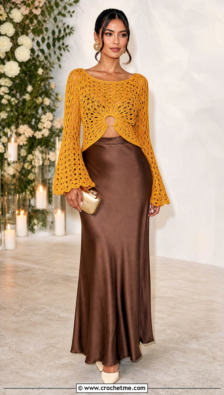 Bell Sleeve Crochet Peekaboo Top With a Satin Maxi Skirt - 15 crochet peekaboo top outfit ideas