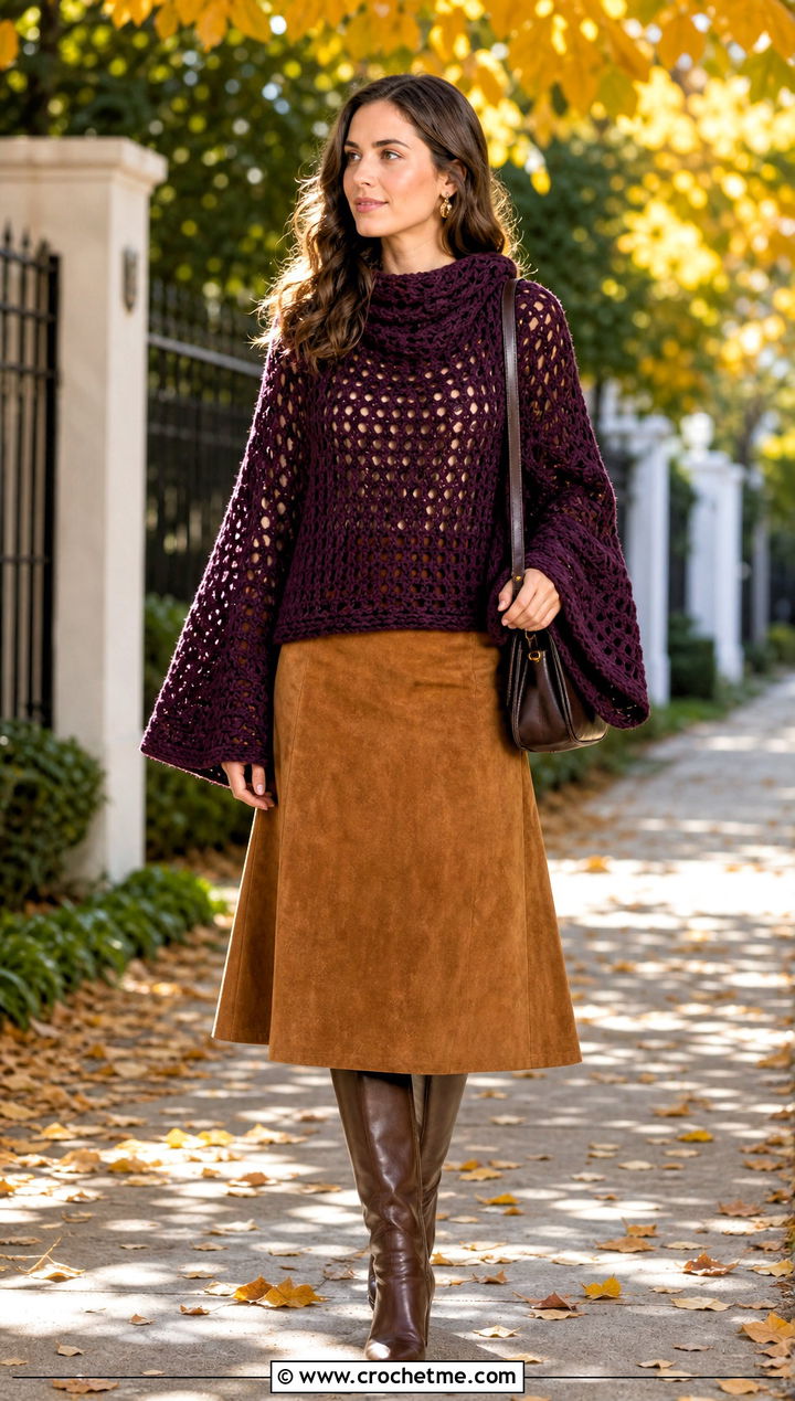 Bell Sleeve Crochet Poncho With Sleeves And Suede Skirt - 30 crochet poncho with sleeves outfit ideas