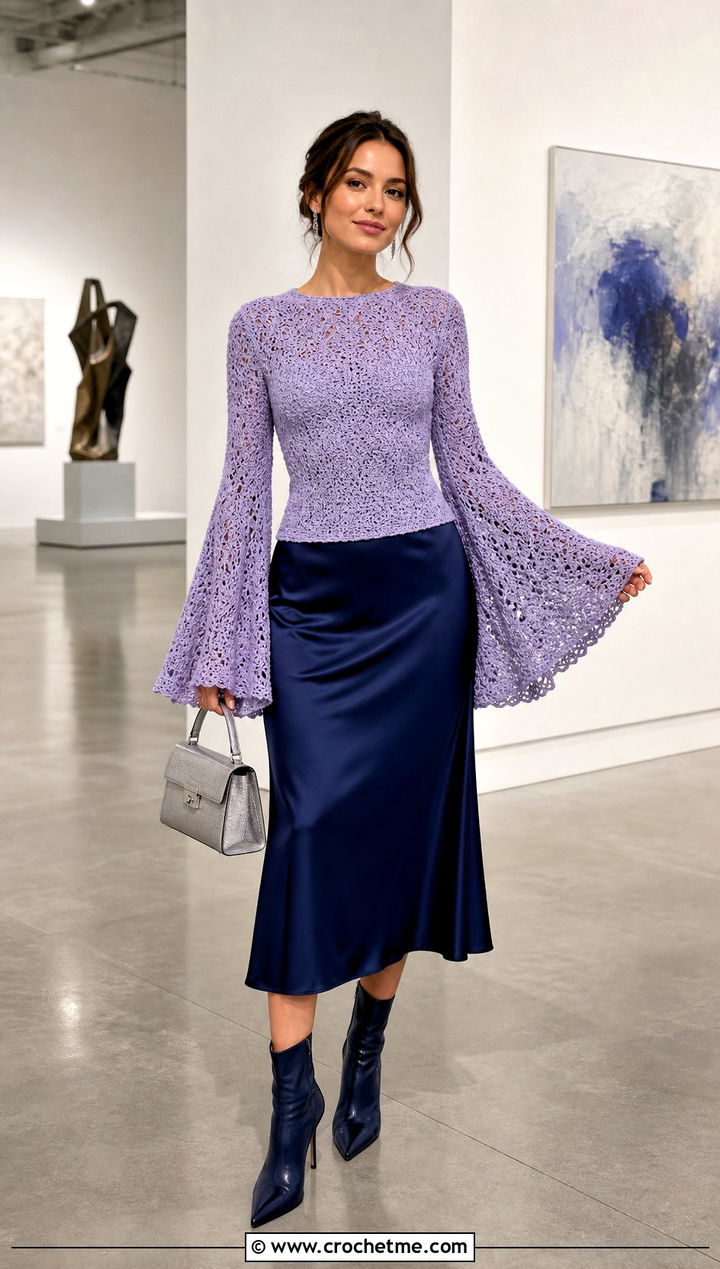 Bell Sleeve Crochet Pullover With Satin Midi Skirt - 35 diy crochet clothes and outfit ideas