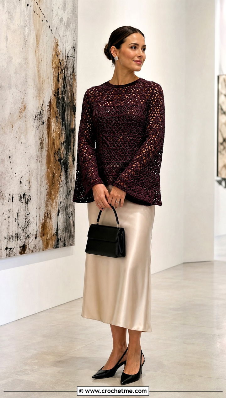 Bell Sleeve Crochet Pullover With Satin Skirt - 30 Easy Crochet Pullover outfit ideas