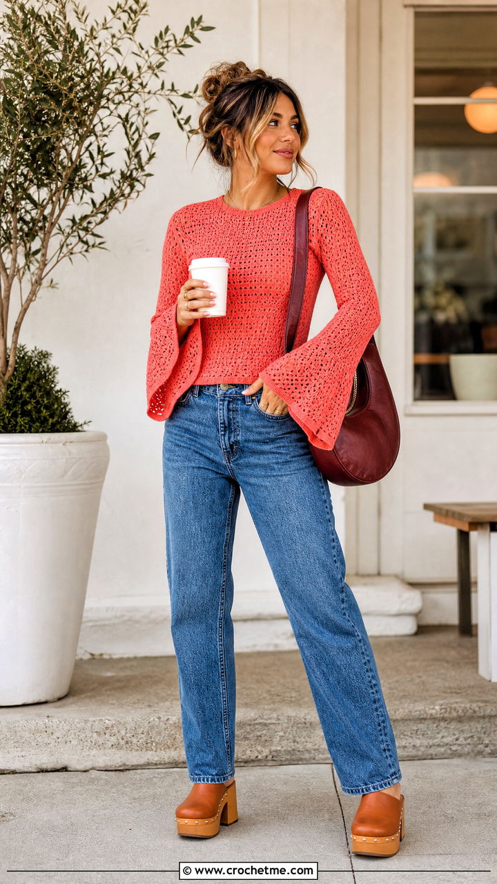 Bell Sleeve Crochet Pullover With Straight Jeans - 35 crochet pullover outfit ideas