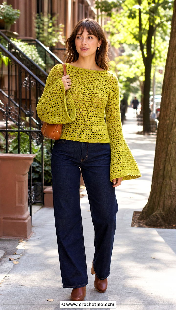 Bell Sleeve Crochet Pullover With Straight Leg Jeans - 25 women crochet pullover outfit ideas