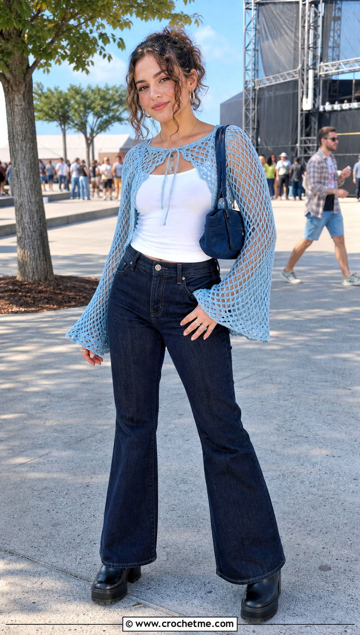 Bell Sleeve Crochet Raglan Mesh Top With Flare Jeans - 25 Crochet Raglan Mesh Top outfit ideas