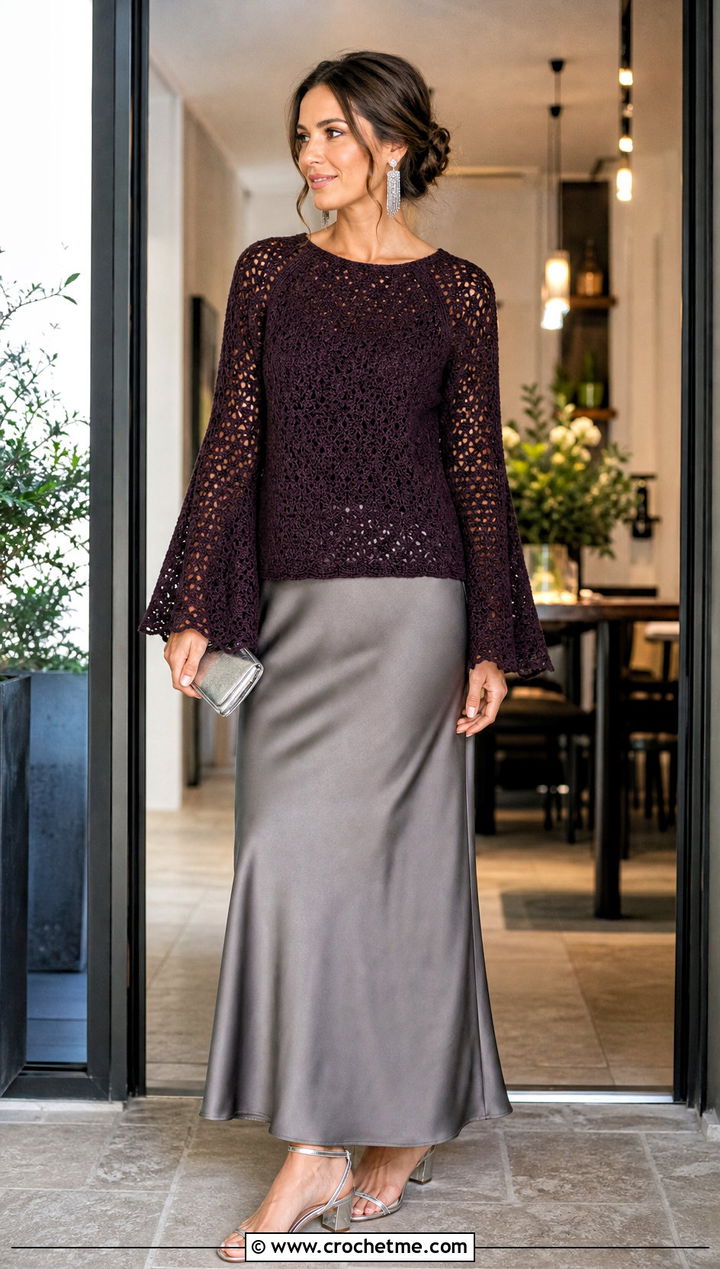 Bell Sleeve Crochet Raglan Top With Slip Skirt - 30 crochet raglan top outfit ideas