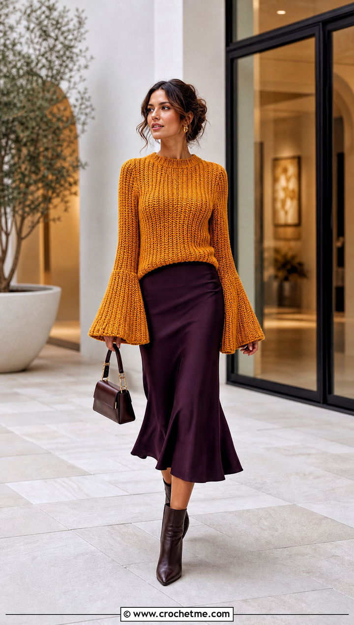Bell Sleeve Crochet Ribbed Sweater With Bias Cut Skirt - 35 crochet ribbed sweater outfit ideas