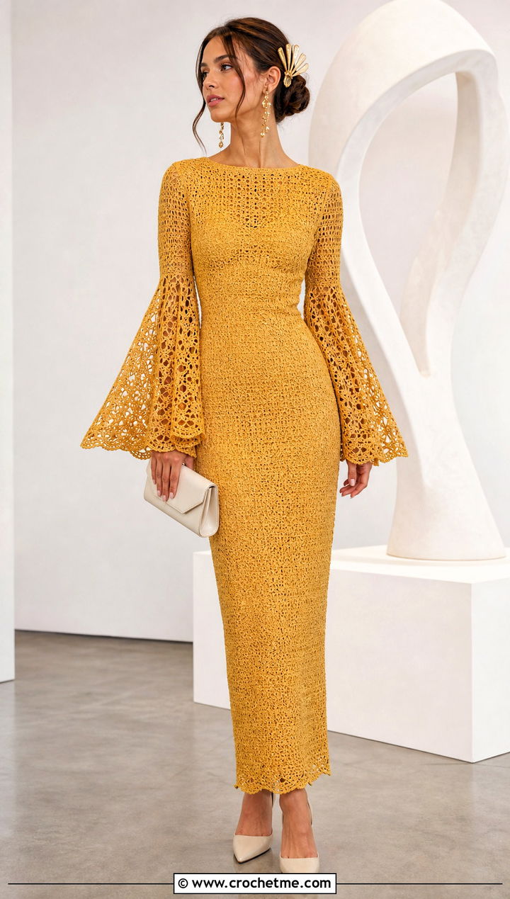 Bell Sleeve Crochet Sheath Wedding Dress - 25 Handmade Crochet Wedding Dress outfit ideas
