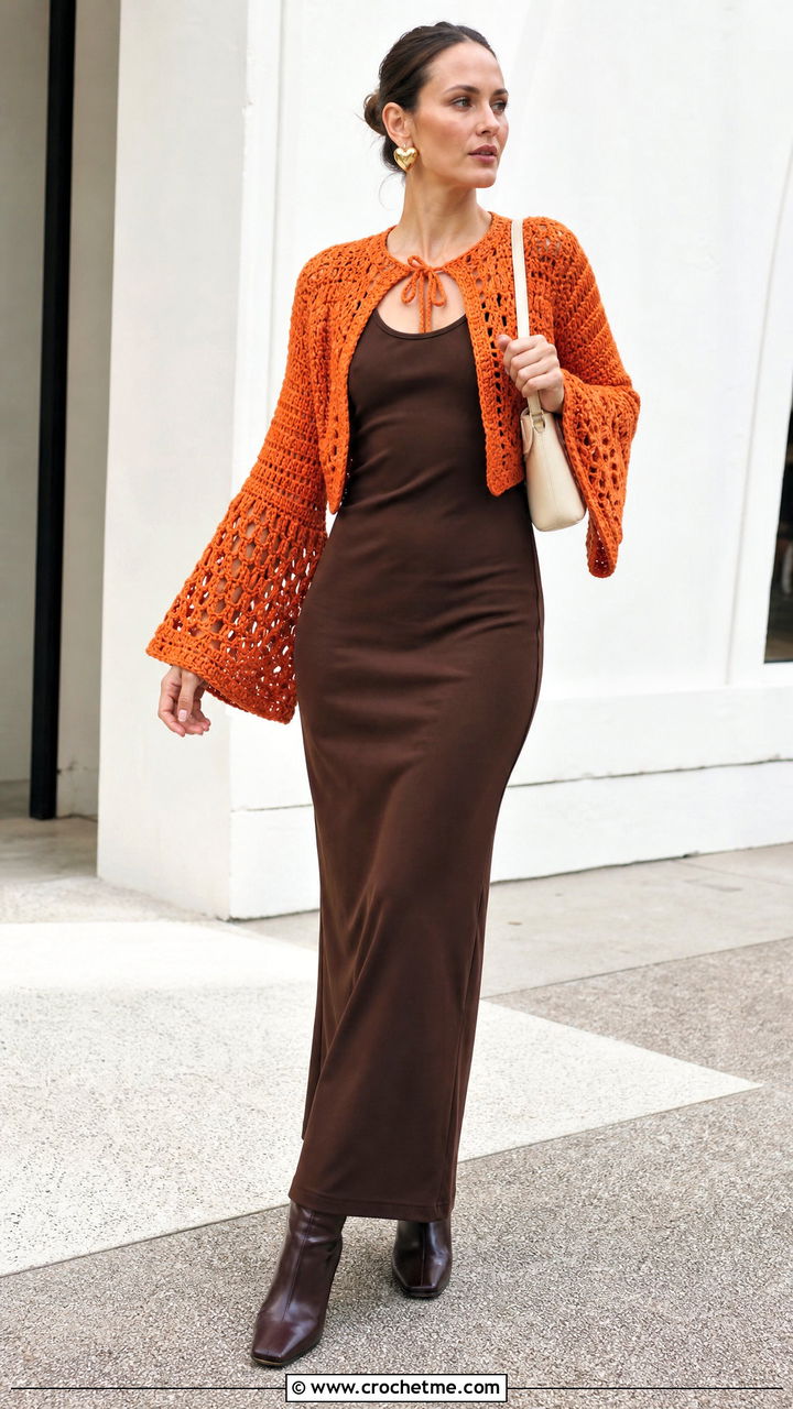 Bell Sleeve Crochet Shrug With Column Maxi Dress - 35 crochet shrugs outfit ideas