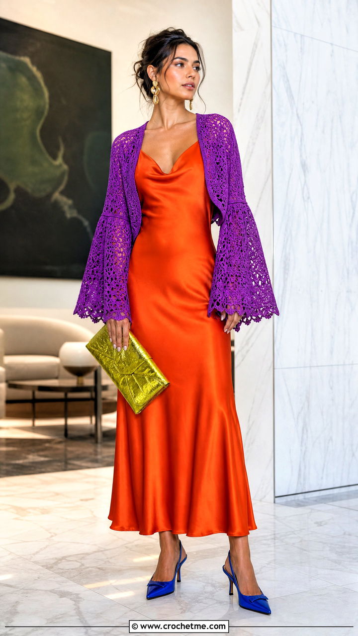 Bell Sleeve Crochet Shrug With Satin Slip Dress - 35 crochet shrug outfit ideas