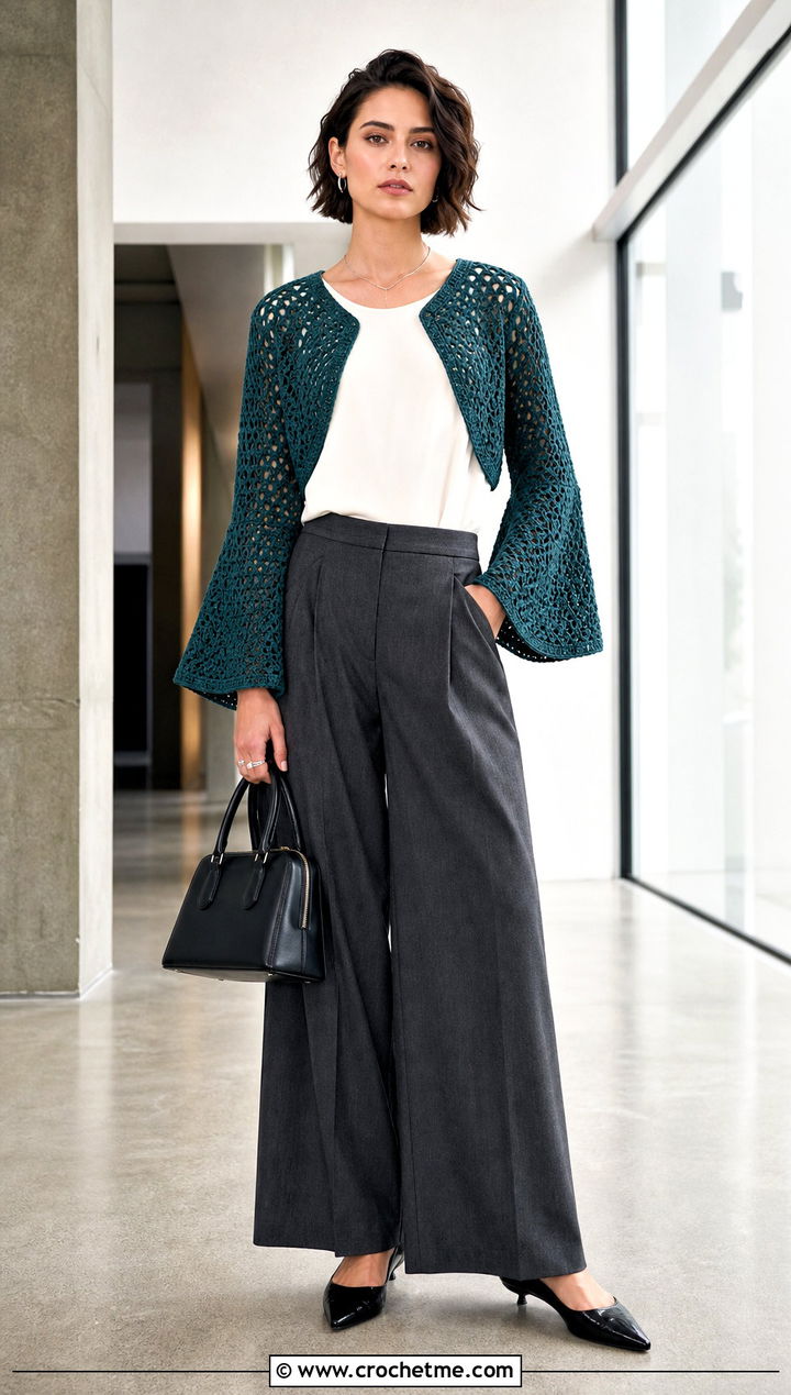 Bell Sleeve Crochet Shrug With Tailored Trousers - 25 Crochet Shrug Cardigan outfit ideas