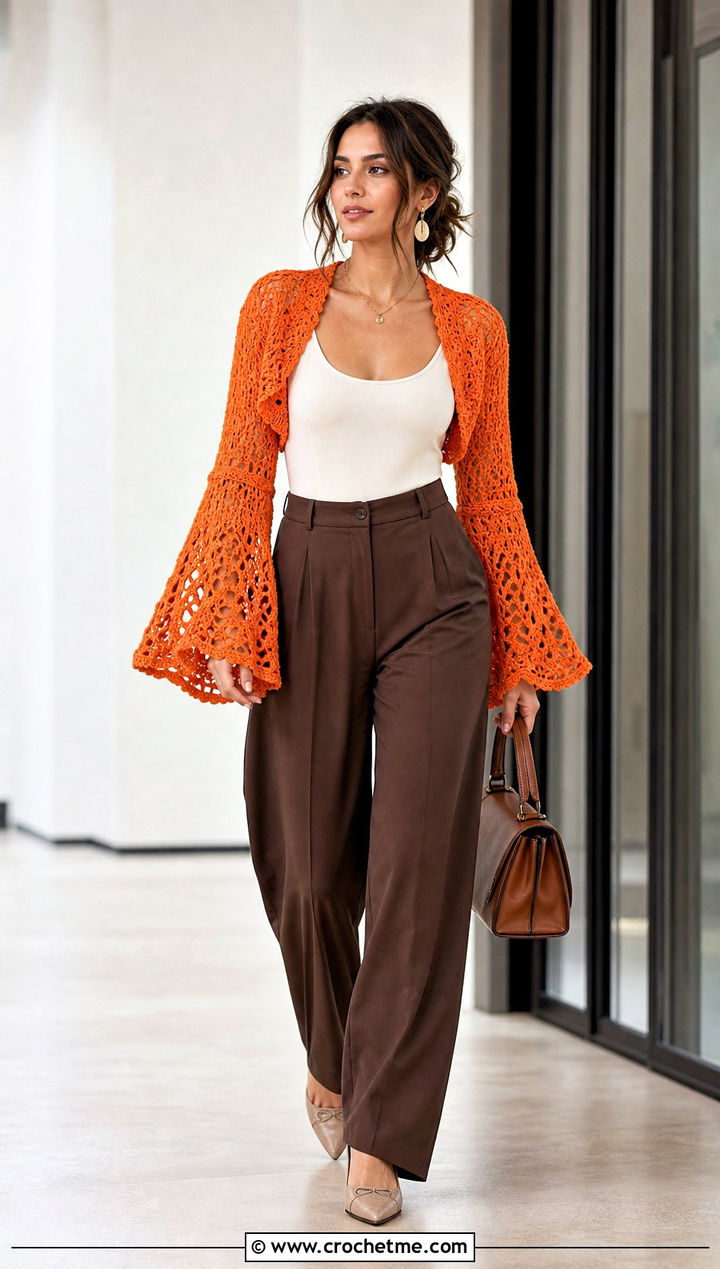 Bell Sleeve Crochet Shrug With Wide Leg Trousers - 25 simple crochet shrug outfit ideas