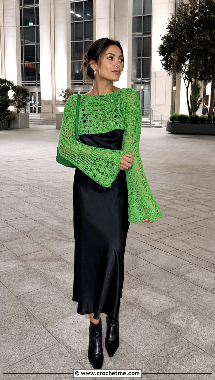Bell Sleeve Crochet Spring Sweater With Slip Dress - 35 crochet spring sweater outfit ideas