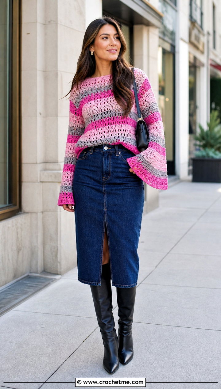 Bell Sleeve Crochet Striped Sweater With Denim Midi Skirt - 15 Crochet Stripped Sweater outfit ideas