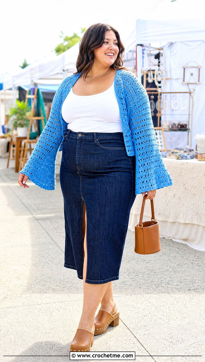 Bell Sleeve Crochet Summer Cardigan With Denim Midi Skirt - 30 plus size crochet summer cardigan outfit ideas