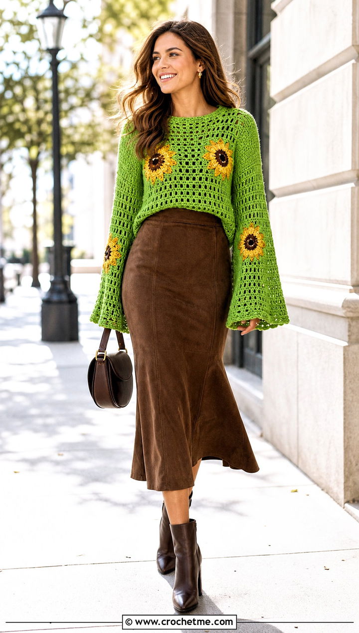 Bell Sleeve Crochet Sunflower Sweater With Suede Skirt - 35 crochet sunflower sweater outfit ideas