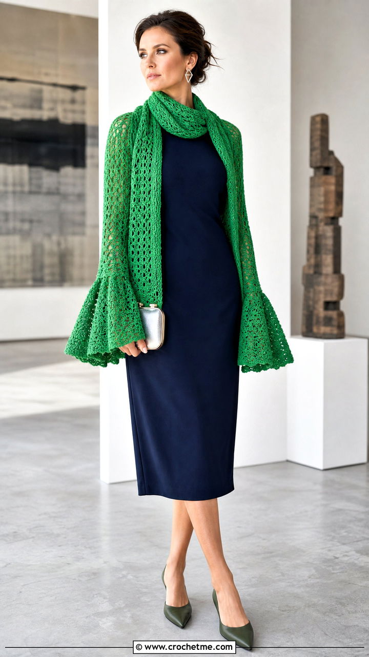 Bell Sleeve Crochet Sweater Scarf With Straight Midi Dress - 35 crochet sweater scarf outfit ideas