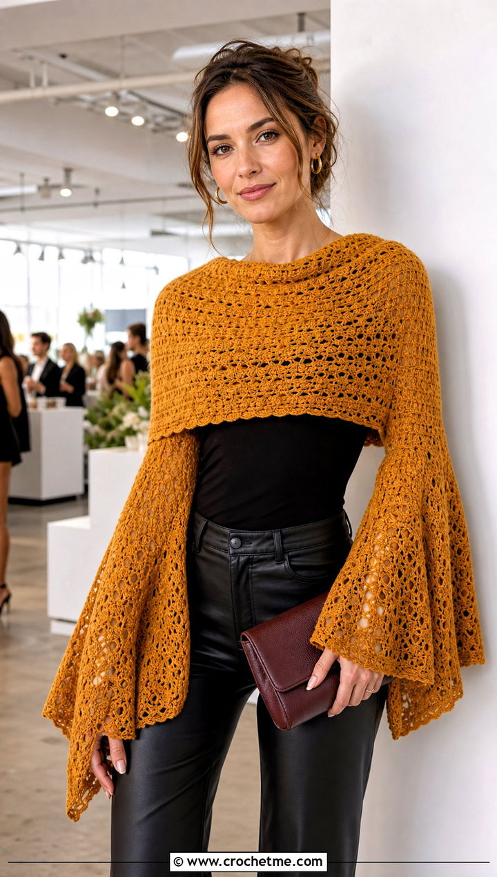Bell Sleeve Crochet Sweater Scarf Wrap With Leather Pants - 30 crochet scarf sweater wrap outfit ideas